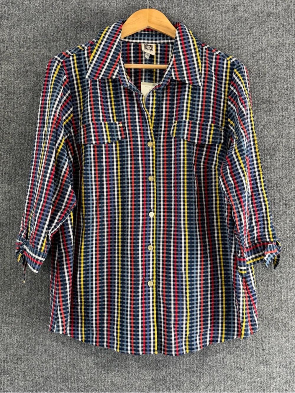 Anne Klein Womens Textured Multicolor Striped Button Up Top 3/4 Sleeve Size 1X